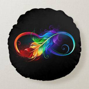 Coussins Ronds Symbole d'infini avec plume arc-en-ciel