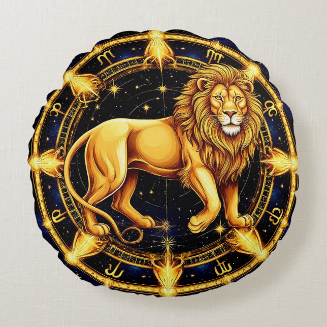 Coussins Ronds Symbole du lion zodiaque sur fond étoilé céleste (Devant)