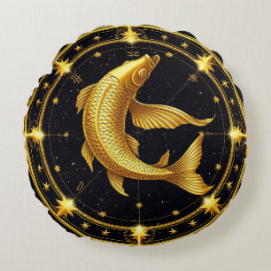 Coussins Ronds Symbole du zodiaque Poissons dorés entouré d'étoil