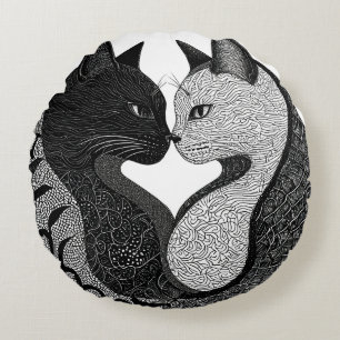 Coussins Ronds Symbole Yin Yang de chat noir et blanc
