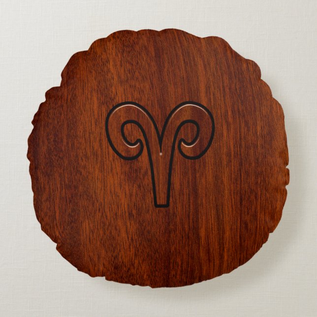 Coussins Ronds Symbole Zodiaque d'Aries moderne sur l'acajou comm (Devant)