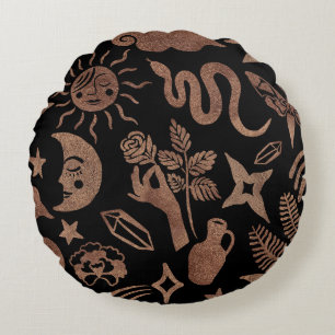 Coussins Ronds Symboles mystiques : serpent, soleil, lune.