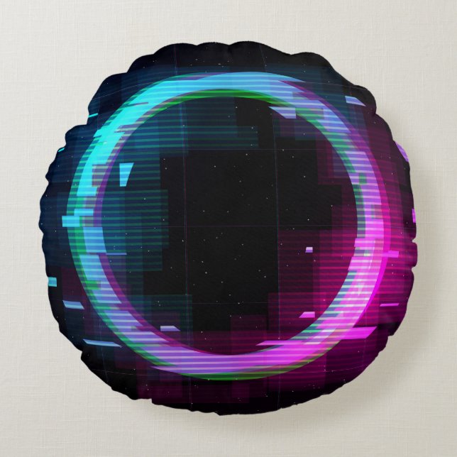 Coussins Ronds Synthwave Vaporwave Retrowave Glitch Circle with b (Devant)