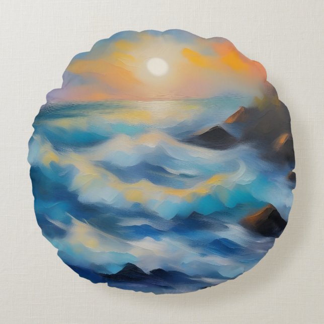 Coussins Ronds Tableau des vagues bleu clair sous le soleil (Devant)