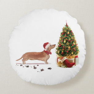 Coussins Ronds Tan Dachshund Funny Chien de Noël avec arbre