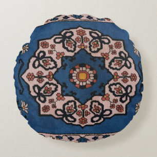 Coussins Ronds Tapisserie de style persan, turc, bleu antique