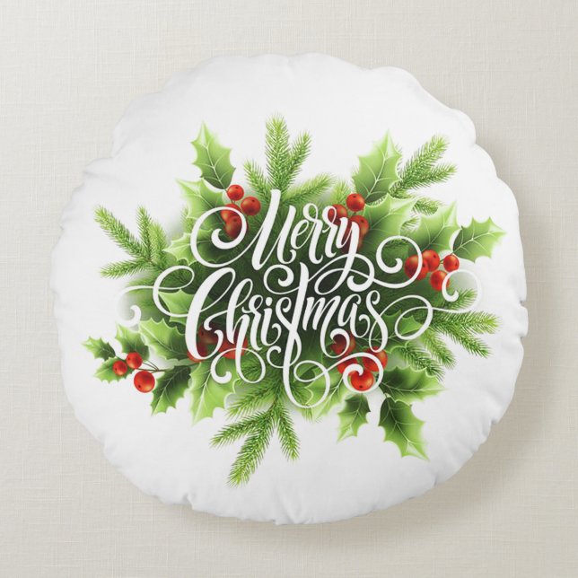 Coussins Ronds Tapisserie ronde de Noël Holly Merry (Devant)