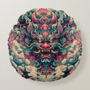 Coussins Ronds tatouage abstrait Oni démon symétrique oriental
