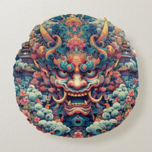 Coussins Ronds tatouage abstrait Oni démon symétrique oriental