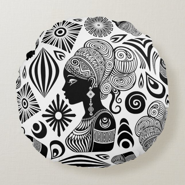 Coussins Ronds Tatouage Tribal Portrait de Fille Africaine (Devant)