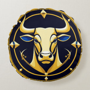 Coussins Ronds Taureau doré dans un cercle zodiacal cosmique