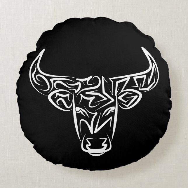 Coussins Ronds Taureau tribal noir et blanc / Ox (Devant)