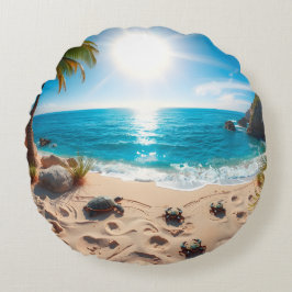 Coussins Ronds Teal Watercolor Sea Turtle Coastal Zen
