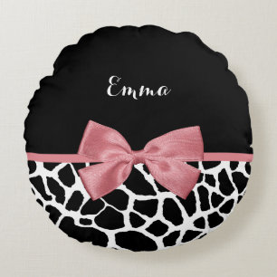Coussins Ronds Tendance Giraffe Imprimer Rosy Rose Bow avec nom