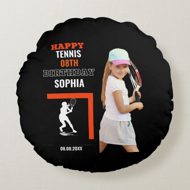 Coussins Ronds Tennis Birthday, Tennis Girl Player Backdrops (Devant)