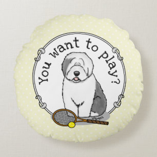 Coussins Ronds Tennis Old English Sheepdog (Gris 1) Chien mignonn