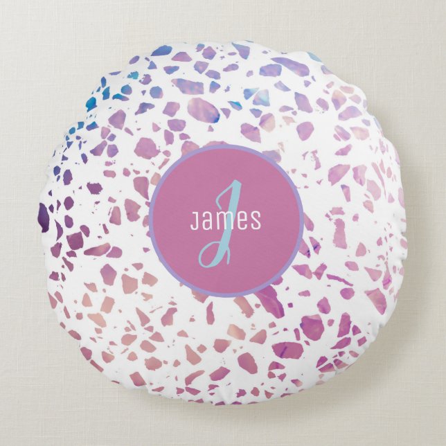 Coussins Ronds Terrazzo Abstrait customisé rose et Motif bleu (Devant)