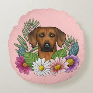 Coussins Ronds Tête de chien Rhodesian Ridgeback Fleurs sauvages