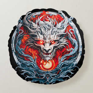 Coussins Ronds Tête de dragon mythique de la flamme rouge