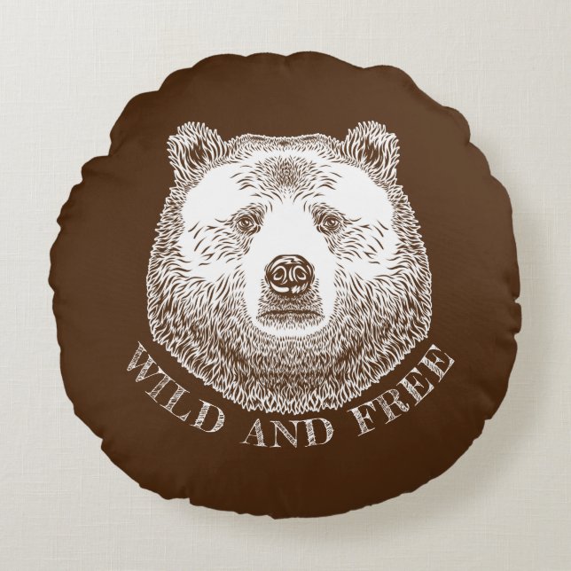 Coussins Ronds Tête D'Ours, Sauvage Et Libre, Illustration Dessin (Devant)