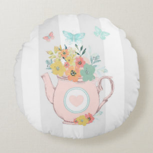 Coussins Ronds Théière rose avec fleurs et papillons
