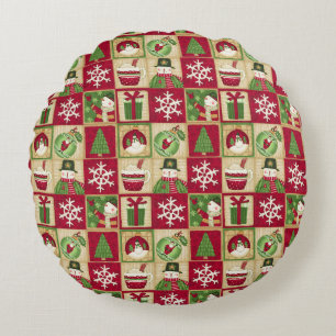 Coussins Ronds Thème de Noël Snowman Snowflakes Red Green Gold