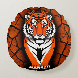 Coussins Ronds Tigre Audacieux sur Fond de Terre Fendue