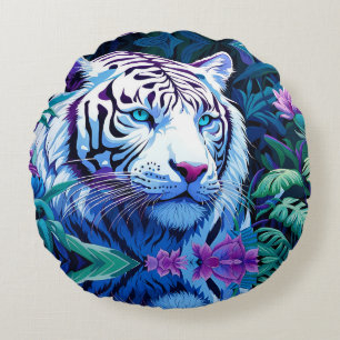 Coussins Ronds Tigre blanc en fleurs violettes