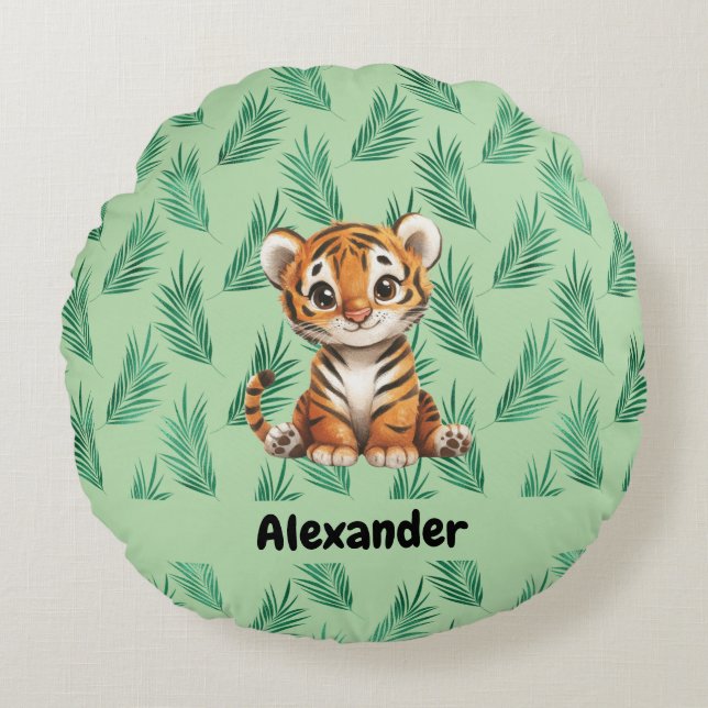 Coussins Ronds Tigre de dessin mignon sur Feuilles tropicaux (Devant)