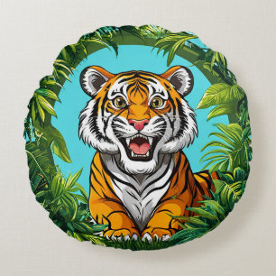Coussins Ronds Tigre majestueux rugissant dans une jungle vibrant