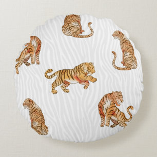 Coussins Ronds Tigres sauvages : Motif d'animaux d'aquarelle.