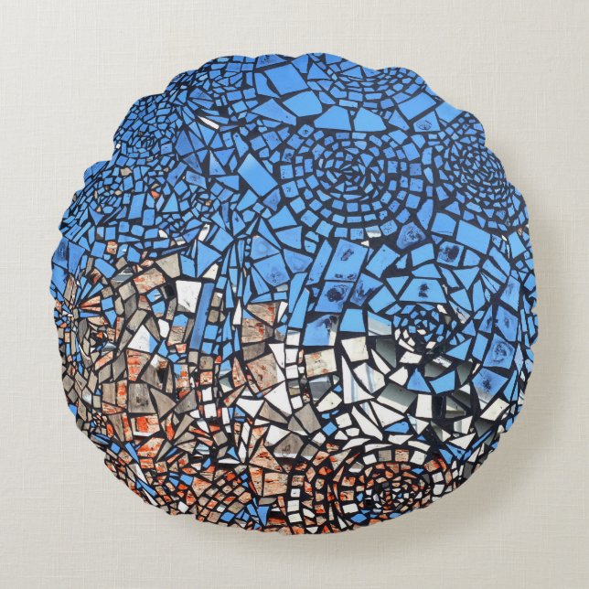 Coussins Ronds Tissu de verre look mosaïque bleu abstrait brun (Devant)