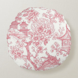 Coussins Ronds Toile de chinoiserie rose dragon fleur de cerisier