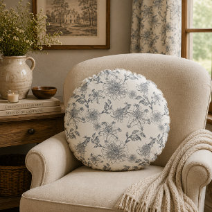 Coussins Ronds Toile de Jouy botanique oiseaux campagne rustique