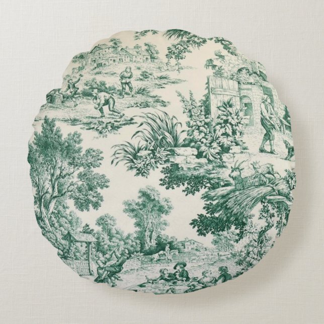 Coussins Ronds Toile de Jouy verte (Devant)