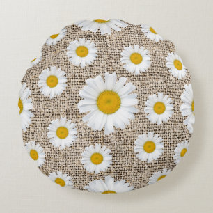 Coussins Ronds Toile de jute Fleur Marguerite Rustique - Fleurs d