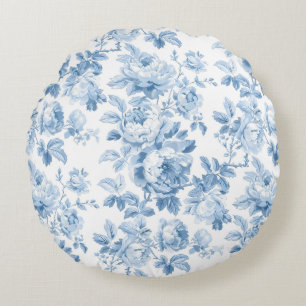 Coussins Ronds Toile Florale Bleue & Blanc