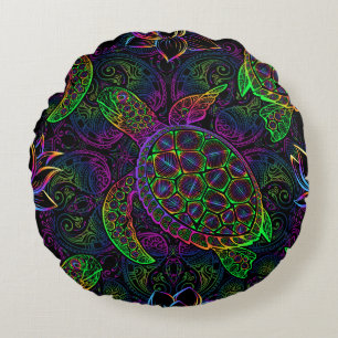 Coussins Ronds Tortue de mer Boho : Motif psychédélique mandala