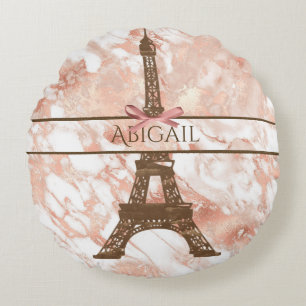 Coussins Ronds Tour Eiffel personnalisée Blanc, marbre or Rose