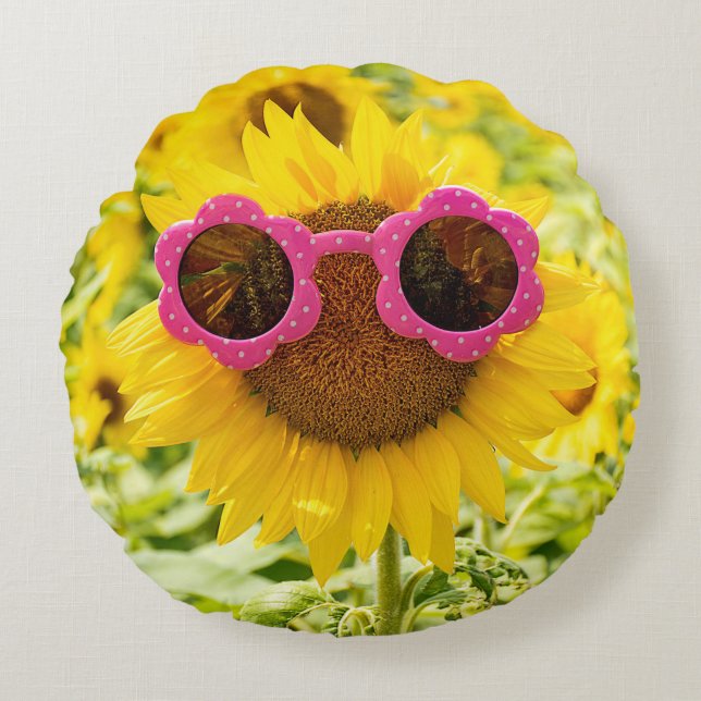 Coussins Ronds Tournesol avec lunettes de soleil (Devant)