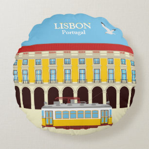 Coussins Ronds Tramway jaune de Lisbonne style vintage