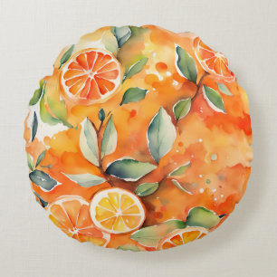 Coussins Ronds Tranches d'orange frais dessin aquarelle citrus