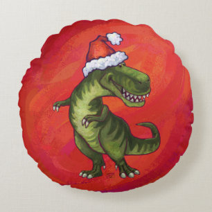 Coussins Ronds TRex Dino à Santa Hat sur Red