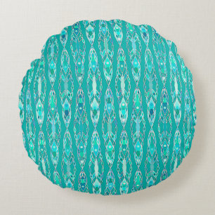 Coussins Ronds Tribal Batik - Turquoise et Aquamarine
