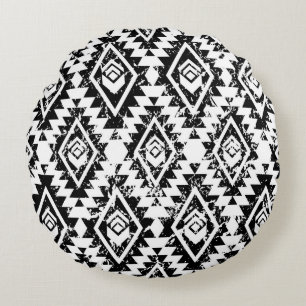 Coussins Ronds Tribal Navajo : blanc noir géométrique.