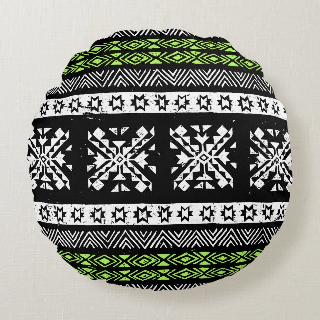 Coussins Ronds Tribal Navajo, motif noir blanc vert. (Devant)