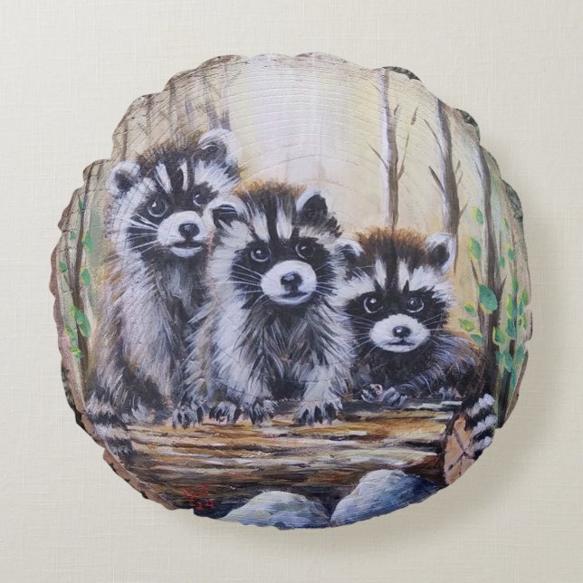 Coussins Ronds Trio de bébés ratons jettent oreiller (Devant)