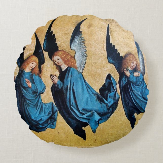 COUSSINS RONDS TROIS ANGELS DE NOËL EN BLEU (Devant)