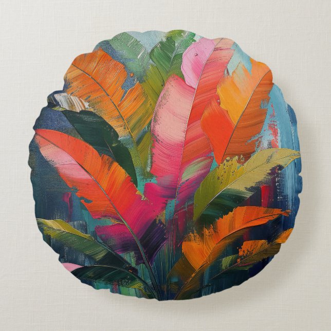 Coussins Ronds Tropical Feathers – Vibrant Botanical Abstraction (Devant)