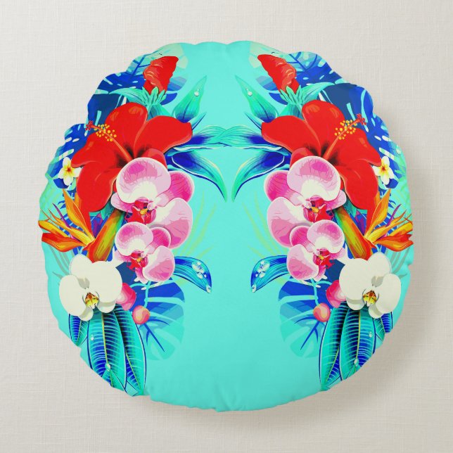 Coussins Ronds Tropical orchidée monstère floral turquoise bleu r (Devant)